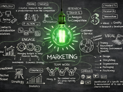 chalkboard with marketing terms on it