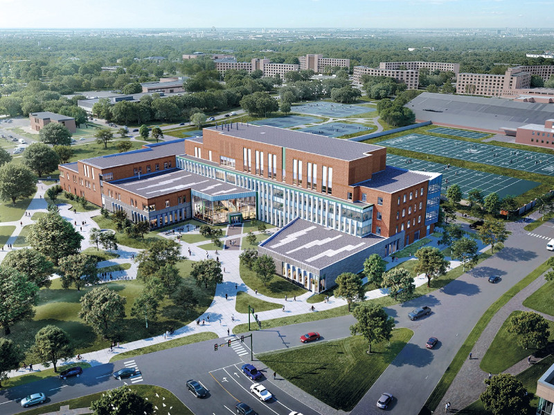 Birds eye view of the Engineering and Digital Innovation Center building on a sunny day