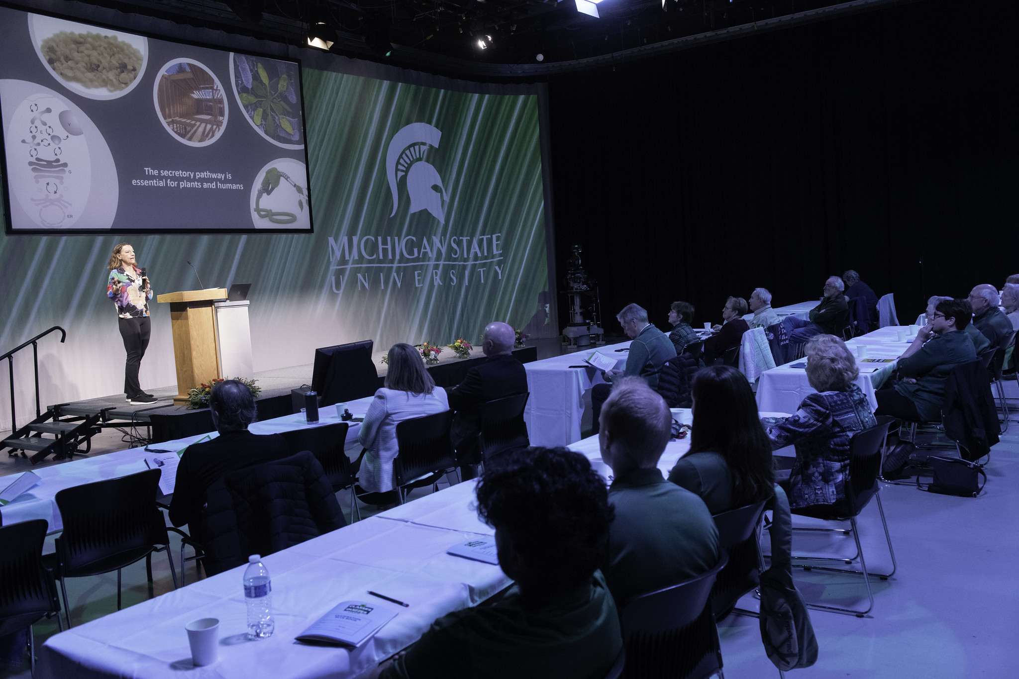 MSU Classes without quizzes event, attentive audience watching a speaker on stage