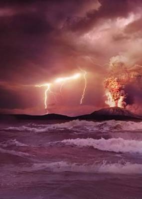 A painting of early Earth shows white-capped dark water under a dark gray sky. Lightning strikes hills in the distance and a volcano erupts, providing energy to convert atmospheric nitrogen and carbon dioxide into reactive nitrogen species such as nitrite and nitric oxide.