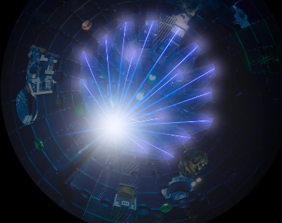 An illustration shows how numerous lasers (shown as purple beams) converge at a single point from many angles around a spherical cavity at the National Ignition Facility. 