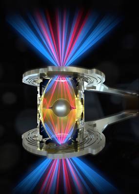Laser beams shown in red and blue shine into a cylindrical cavity, where they reflect and focus onto a fuel source to ignite a plasma. 