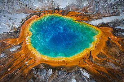 Aerial photo of the Yellowstone volcano, which meaasures 30 miles x 45 miles wide.