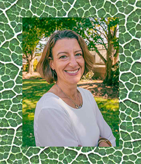 Headshot of Federica Brandizzi with a plant cell backdrop.