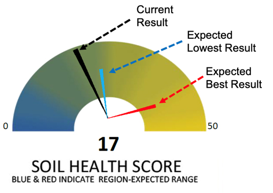 A figure showing a soil health score of 17 on a scale of 1 to 50 with markers indicating the current result, expected lowest result and the expected best result for the sample. The blue and red markers in the figure indicate the region-expected range.