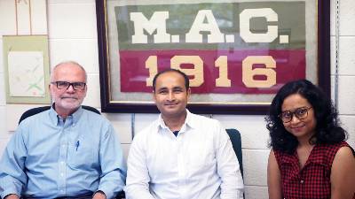 University Distinguished Professor Tom Sharkey, Assistant Professor Mohammad Mostofa and postdoctoral research associate Abira Sahu (left to right) sit in Sharkey’s office. 