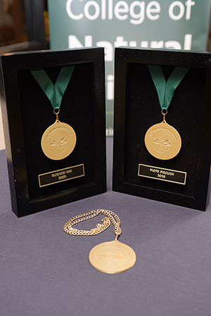 Two gold medals stand in display cases with a third medal resting on a table between them. The cases are labeled “Guowei Wei” and “Piotr Piecuch.”
