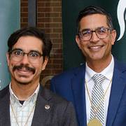 Michigan State University Professors Danny Caballero (left) and Aman Yadav were each honored as Lappan-Phillips Endowed Professors at an investiture ceremony held Sept. 13 in the Jackson Lounge at MSU’s Wharton Center.
