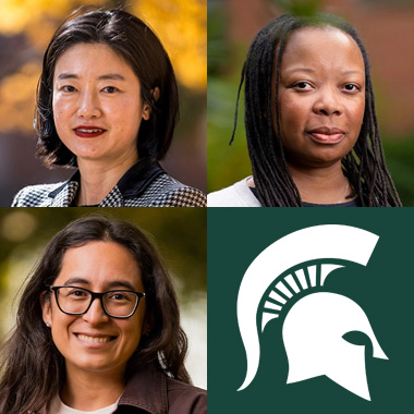 Three faculty at MSU and a Spartan helmet