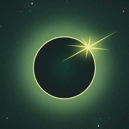 An illustration of an eclipse shows a yellow ring of sun shining brightly behind a moon shrouded in shadow.