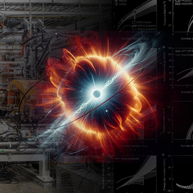 An illustration of an ultradense object surrounded by glowing blue and orange rings is superimposed over a collage of a particle accelerator facility and a grid of graphs showing different astronomical observations.