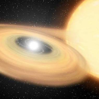 A white dwarf star (center) pulls matter off its much larger yellow, companion star. An accretion disc forms around the white dwarf and, eventually, the material in this disc will undergo a thermonuclear explosion.