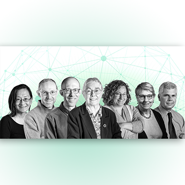 A collage of black and white photos of seven faculty members is shown against a geodesic light green background.