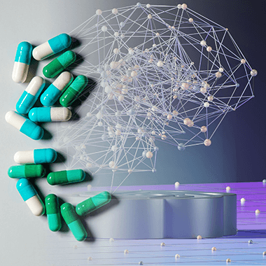 A collage shows bright blue, white and green pill capsules on the left with a computer generated image of a brain made of silver nodes and lines. Credit: Wengang Zhai (capsules) and Growtika (brain) via Unsplash