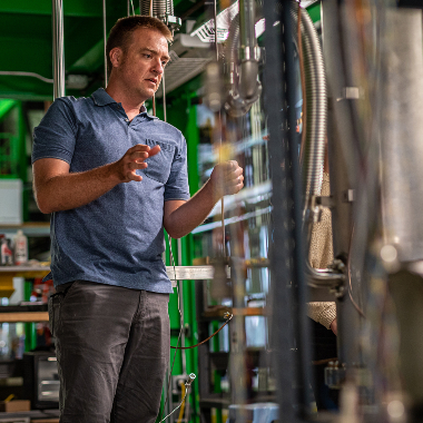 Katharina Domnanich (left) and Greg Severin (right) are working together to build an isotope harvesting laboratory at the Facility for Rare Isotope Beams at Michigan State University.