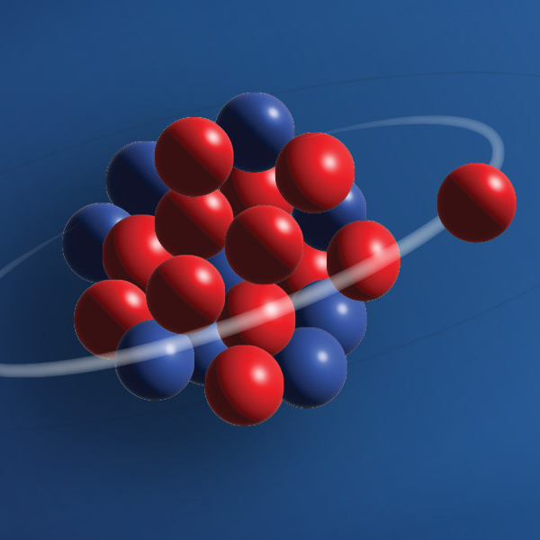 An atomic nucleus is shown with blue neutrons and red protons clustered in its core. There is one proton,, however, that orbits that central cluster, creating what's called a proton halo.