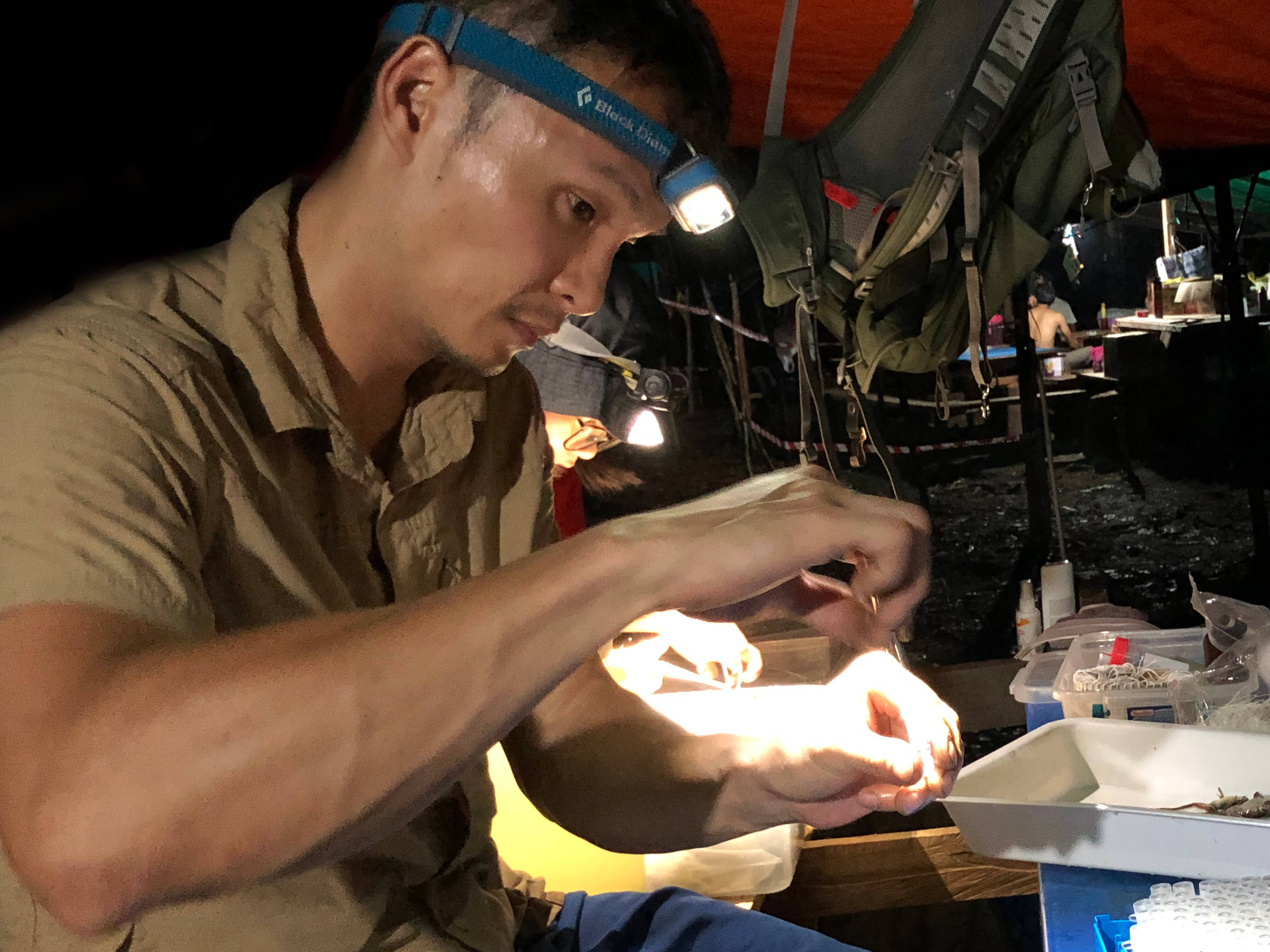 A man wearing a headlamp examines a field workstation.