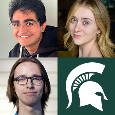 Three portraits of students are in a square along with a Spartan helmet image.