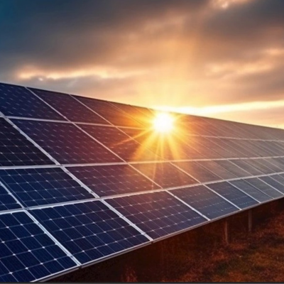 Solar panels with sun rising over the edge