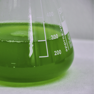 green liquid in a flask full to 300