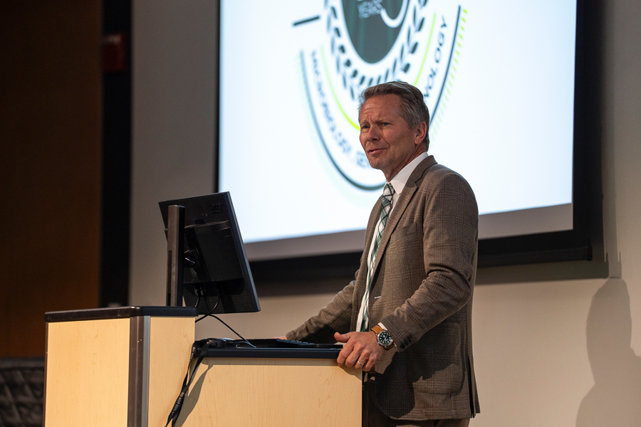 MSU President Kevin Guskiewicz delivers the opening remarks at the MGI Whittam-Brubaker Symposium on October 17, 2025. Photo credit: Paul Henderson
