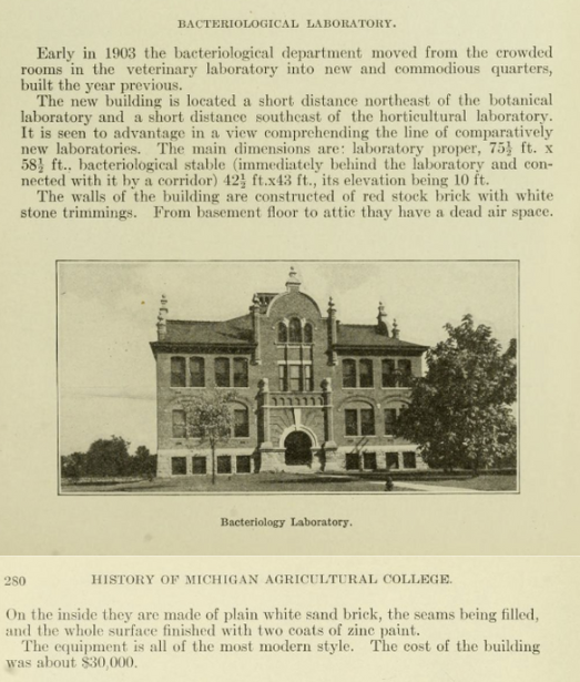 A written description and old photograph of Marshall Hall, the first free-standing building dedicated to Bacteriology in the United States.