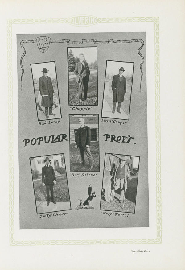 A page from the 1921 Wolverine Yearbook showing pictures of "Popular Profs" including Doc Giltner