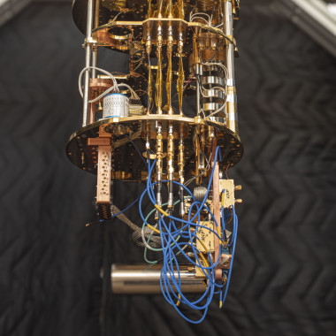 Detailed close up showing quantum computer mechanical parts.