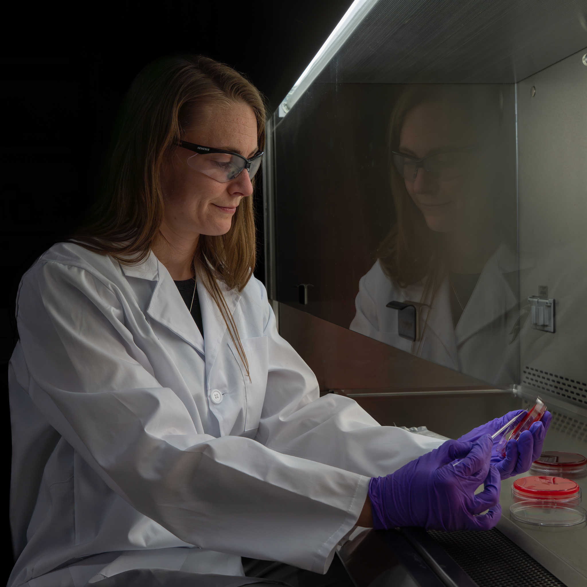 A scientist in a lab coat holds a sample in a hood