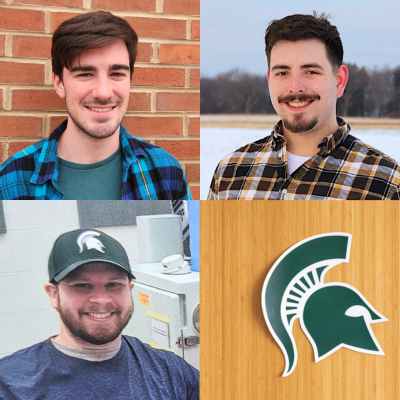 Three MSU graduate student portraits and an spartan helmet sticker