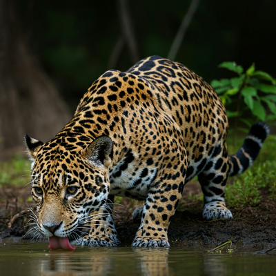 Jaguar drinks water at the edge of a river