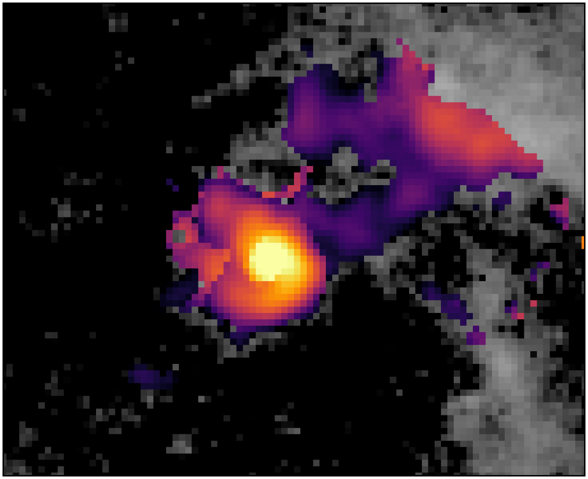 overlaid coloured map shows the distribution of gas falling into the black hole as traced by the Paschen α line using the James Webb Space Telescope