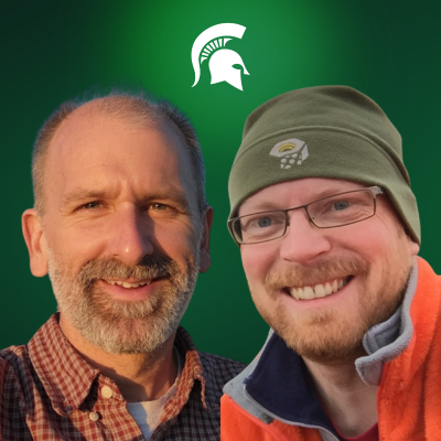 Two men head and shoulder portraits on a green gradient background and a white Spartan helmet