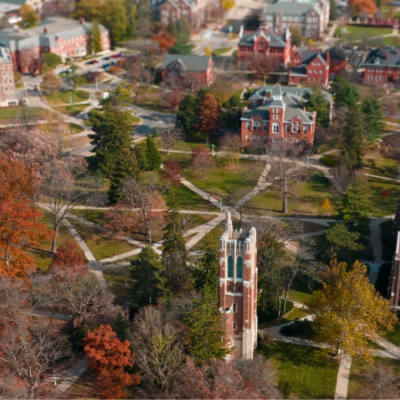 Michigan State University campus aerial photo taken in the fall