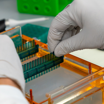 gloved hands manipulate a plastic tray to prepare dna samples