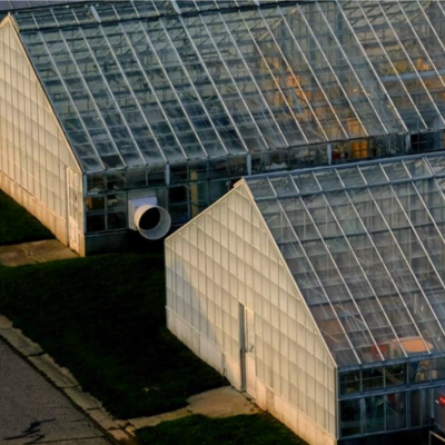 overhead photo of glass greenhouses