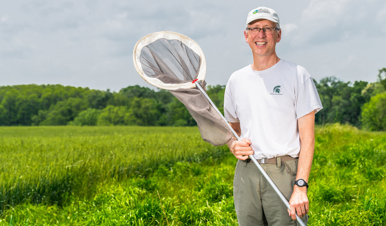 portrait of nick haddad holding a butterfly net in a field