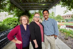 Image of BMB postdoc Stephanie Hickey with her mentors Amy Ralston and Arjun Krishnan