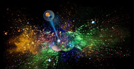 An artist's impression of two transluscent orbs which represent tin nucllei, colliding and shattering in a shower of colorful shards.