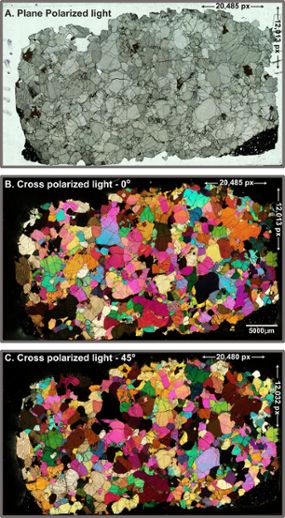 Three microscopic images of a rock sample. The first image is an aggregate of medium green minerals. The second two images are of the same aggregate but minerals are bright green, pink, red, yellow, and violet. 