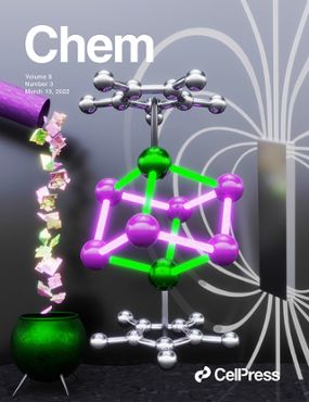 The new single-molecule magnet created by Spartan chemists is shown in the center of the March 10 cover of Chem. Lanthanide atoms (green) are enthroned on a â€œchairâ€ of bismuth atoms (purple) to form a cube sandwiched between hydrocarbon rings (silver).