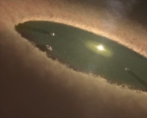 An artistâ€™s rendering shows a hypothetical early solar system with a young star clearing a path in the gas and dust left over from its formation. 