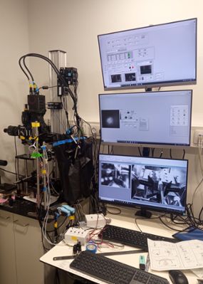 Another image of the wide-field setup in Gilad's lab along with a behavioral rig for texture discrimination. 