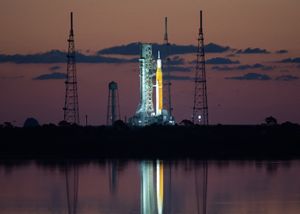 An image of Artemis I on a launchpad.